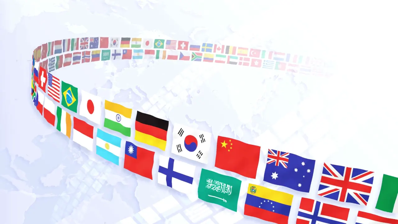Ribbon of global flags over a pale world map, representing cross-border advisory context.